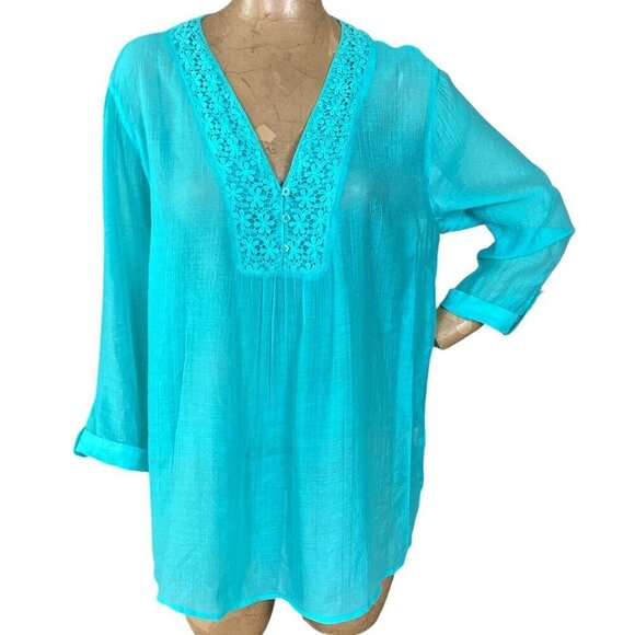 Grande & Greene Tunic Top Lace Button Accents L Turquoise #317G - Picture 1 of 8